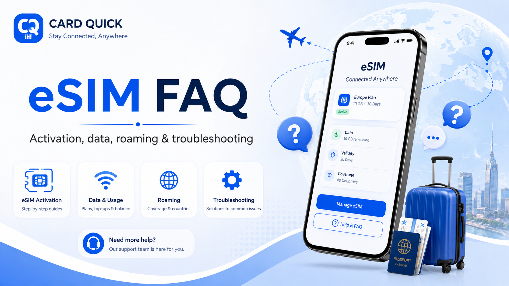 Card Quick eSIM FAQ for activation data roaming and troubleshooting